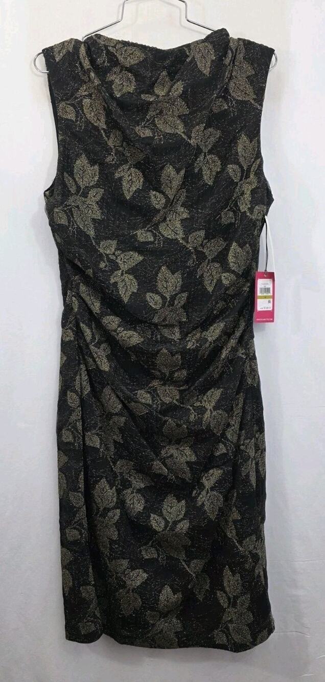 NWT Vince Camuto Metallic-Knit Ruched Cowlneck A-Line Dress Women's 14 BlackGold